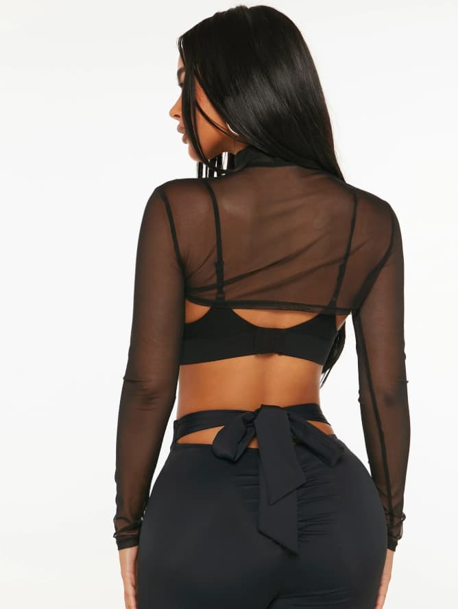 Amazon Cross-border Sexy Sheer Crop Top T-Shirt, Semi-High Neck Long Sleeve Black Transparent Tee for Women (