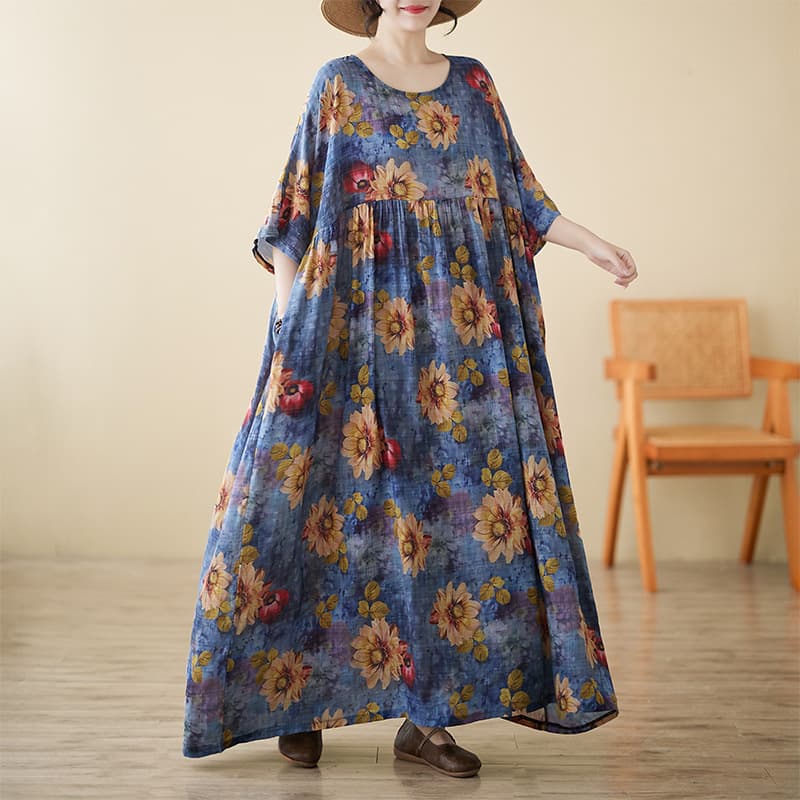 Women's Bohemian Casual Vacation Dress, Round Neck, Drop Shoulder, Loose Fit, Plus Size