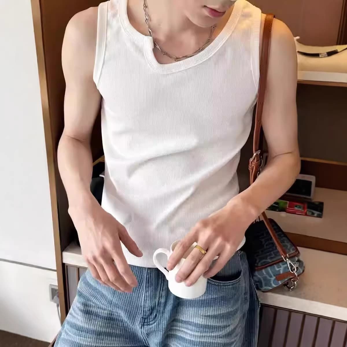 Irregular U-neck Vest Men's Fashion Ice Silk Ribbed Slim Fit Sleeveless T-Shirt Unique Undershirt Vest