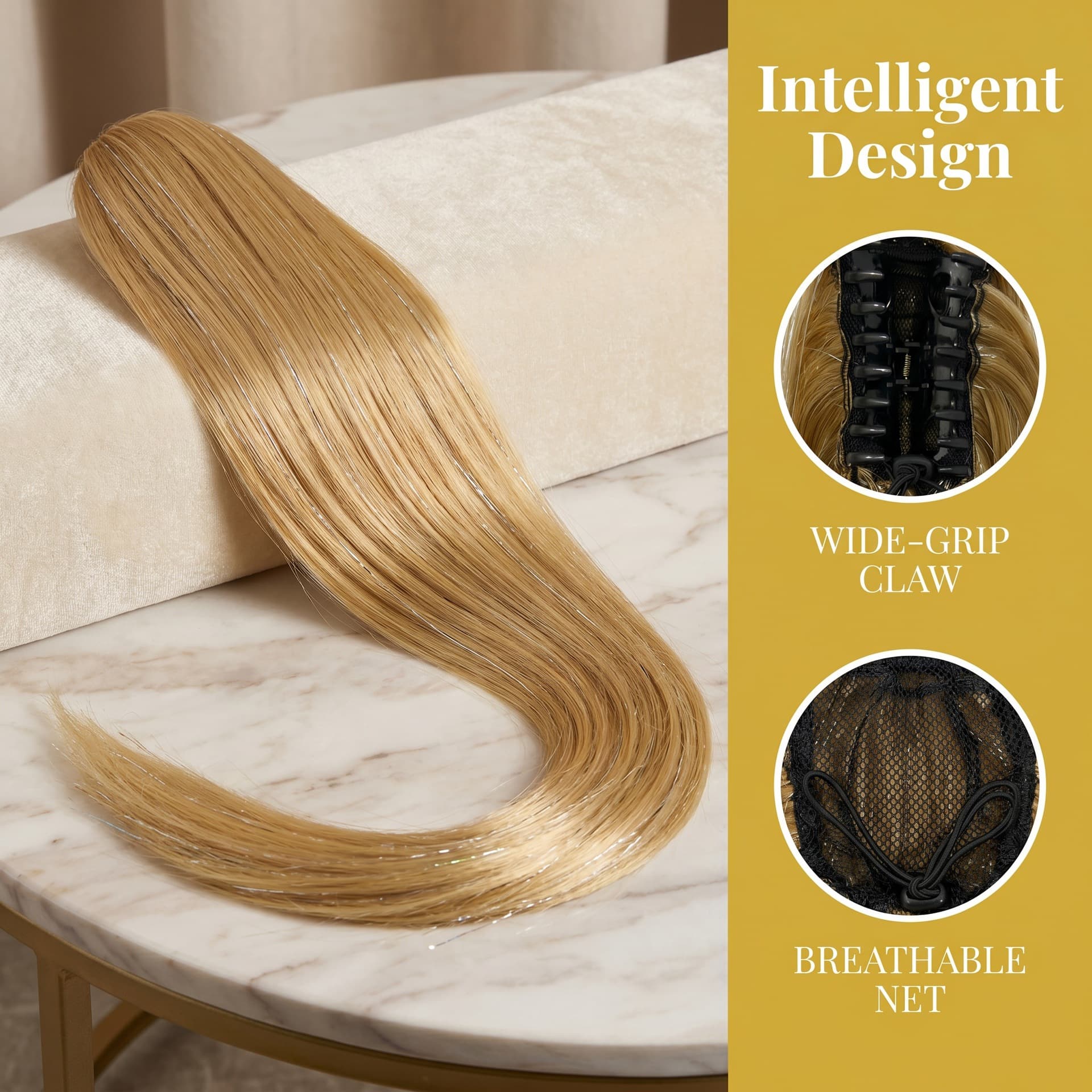 Wig Ponytail with Clip, Laser Hair Strands, Long Straight Hair, Realistic Ponytail with Drawstring Net, Fashionable Ponytail, in Stock
