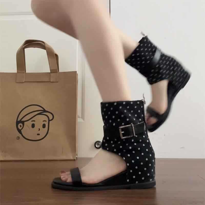 Vintage Daily Polka Dot Sandal Boots 2026 Summer Fashion Suede Mid-Calf Thick Sole Short Boots Heightening Niche Fashion Boots