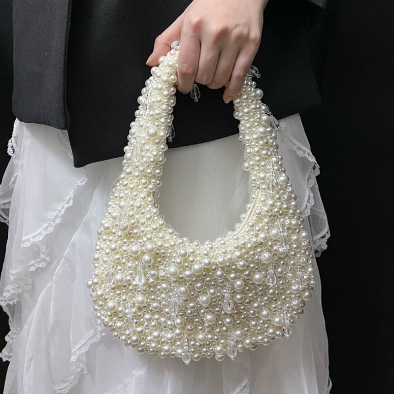 French-Style Vintage High-End Handmade Beaded Faux Pearl Dumpling-Shaped Tote Bag for Elegant Ladies, Cloud-Shaped Underarm Handbag for Evening Events