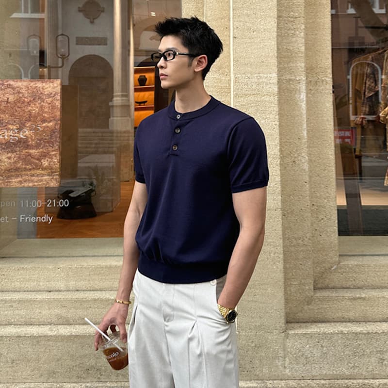 2026 summer new style Hong Kong style outdoor large size men's Henry collar short-sleeved sweater casual short-sleeved T-shirt men's tops