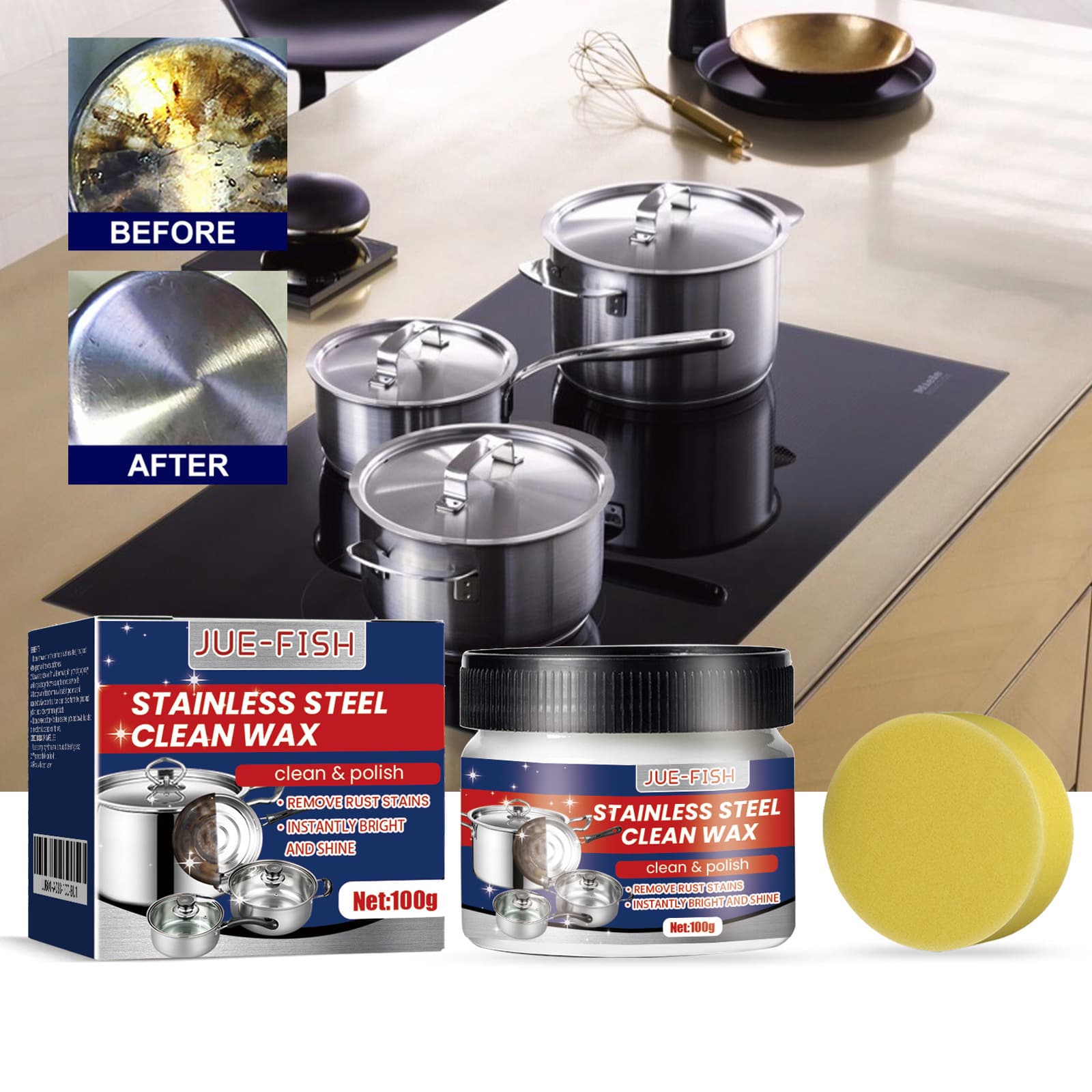 JUE-FISH Stainless Steel Cleaner Paste - Heavy-Duty Degreaser and Rust Remover for Kitchen Cookware, Pots, Pans, and Stovetops