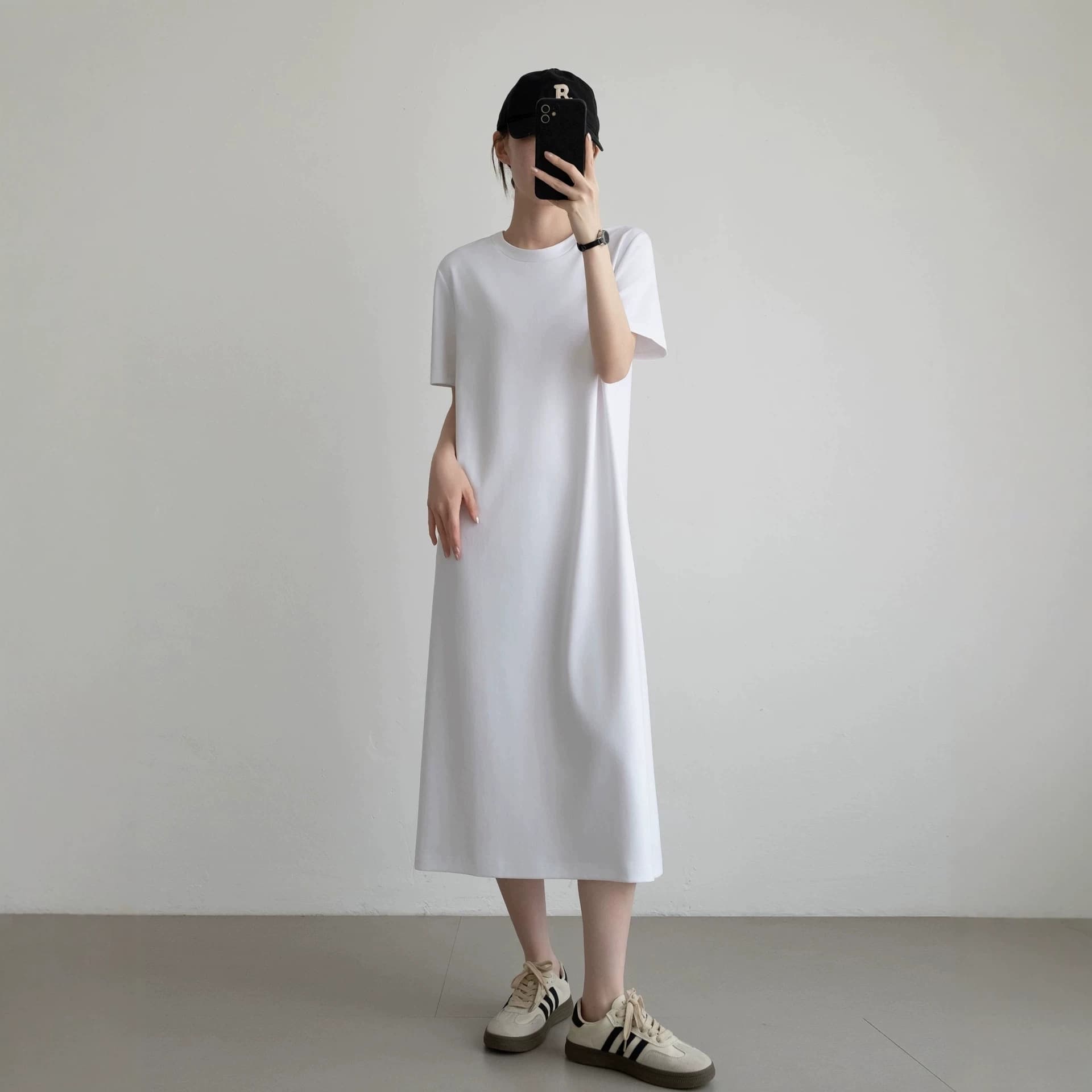 Minimalist lazy skirt Roman cotton round neck short-sleeved T-shirt long skirt loose casual mid-length straight dress