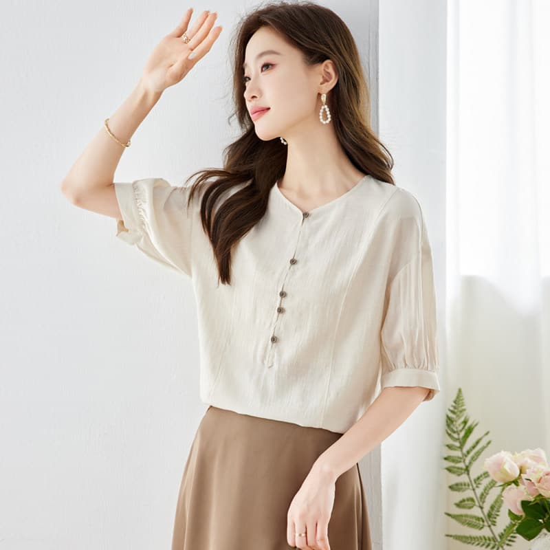 Korean Summer New V-Neck Fashion Blouse for Women Short Sleeve Loose Commute Elegant Top Half Sleeve - Versatile Shirt