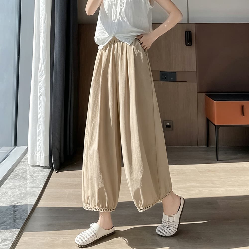 Ice silk hollow quick-drying bloomers for women 2026 summer thin high-waisted casual pants nine-point wide-leg balloon pants with pockets