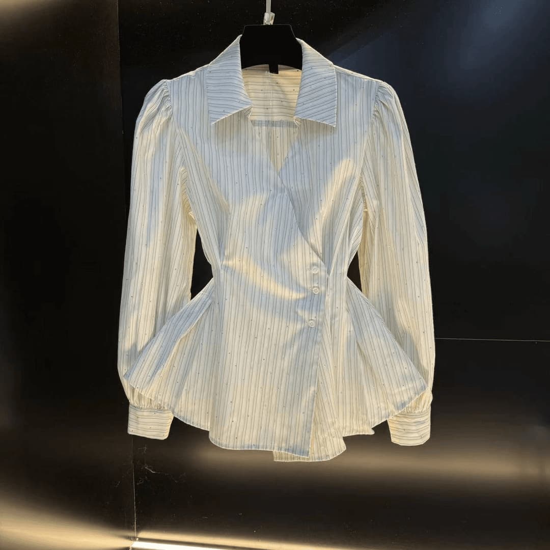 French Irregular Pleated Heavy Rhinestone Long-Sleeve Striped Shirt for Women 2025 Spring New Trendy Slimming Top