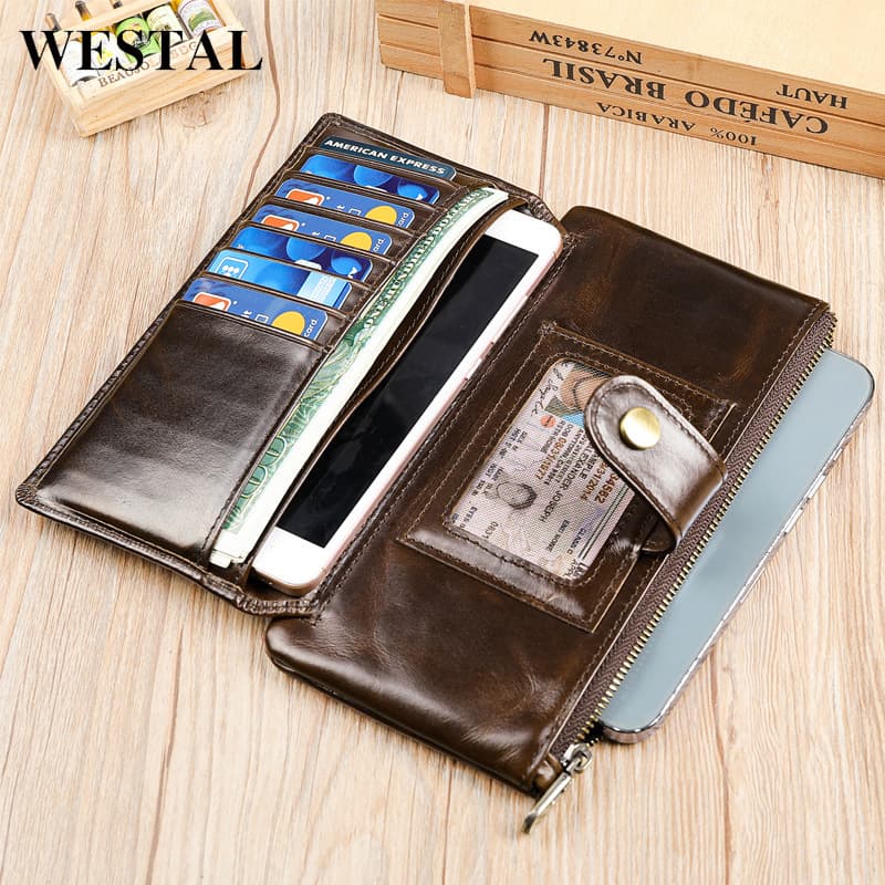 WESTAL Women's Genuine Leather Wallet Multi-Card Slot Versatile Clutch Simple Large Capacity Vintage Long Cowhide Wallet