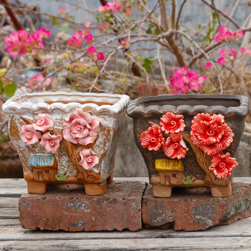 Handcrafted Pinched Flower Old Stump Pot Large Diameter Succulent Planter