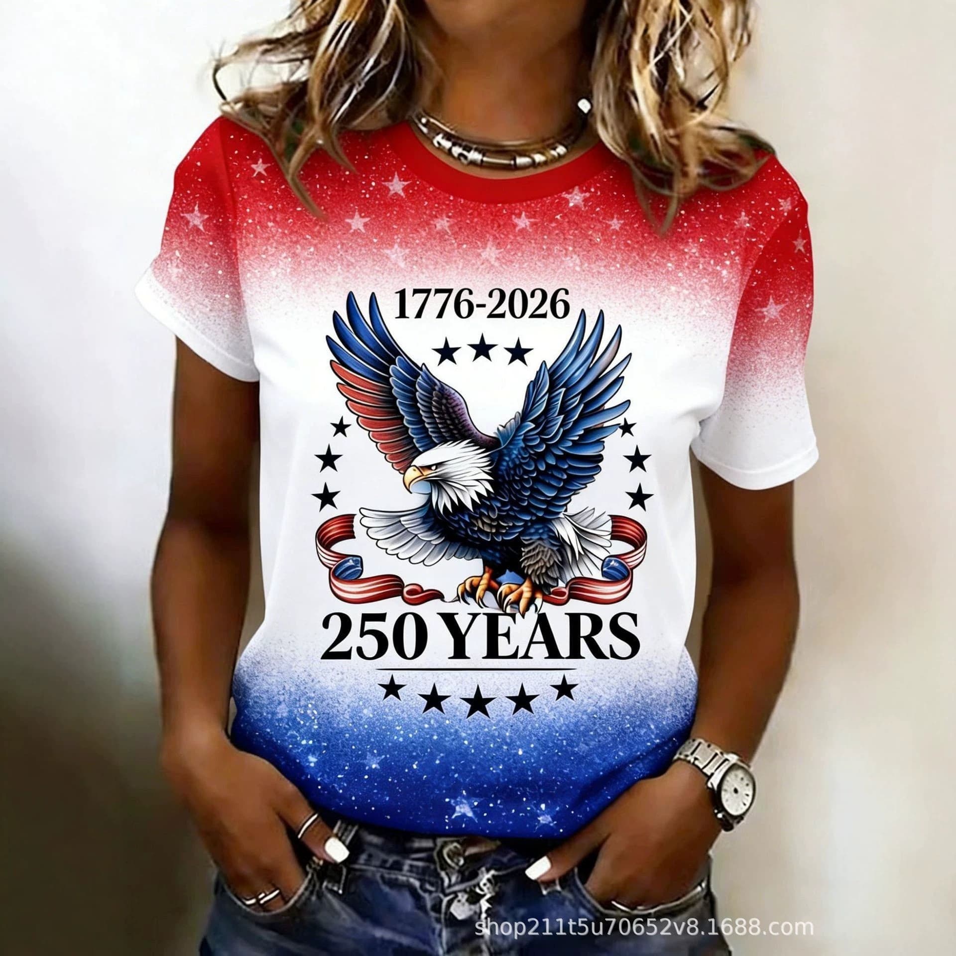 2026 USA 250th Anniversary Women's Crew Neck T-Shirt Short Sleeve Top American Independence Day Women's Casual Top