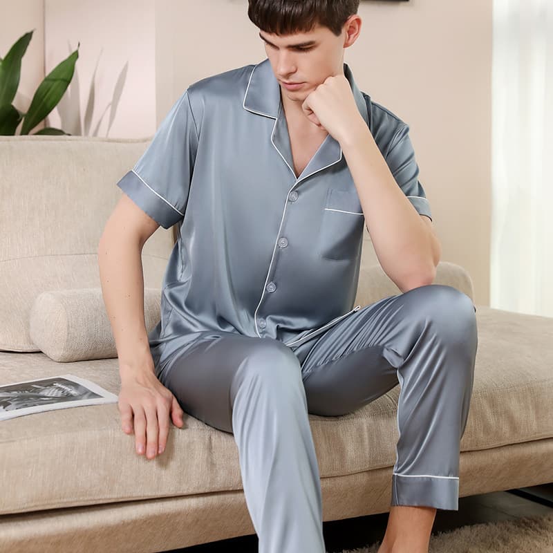 Men's pajamas short-sleeved silk solid color lace trousers summer thin ice silk new men's casual suit home clothes