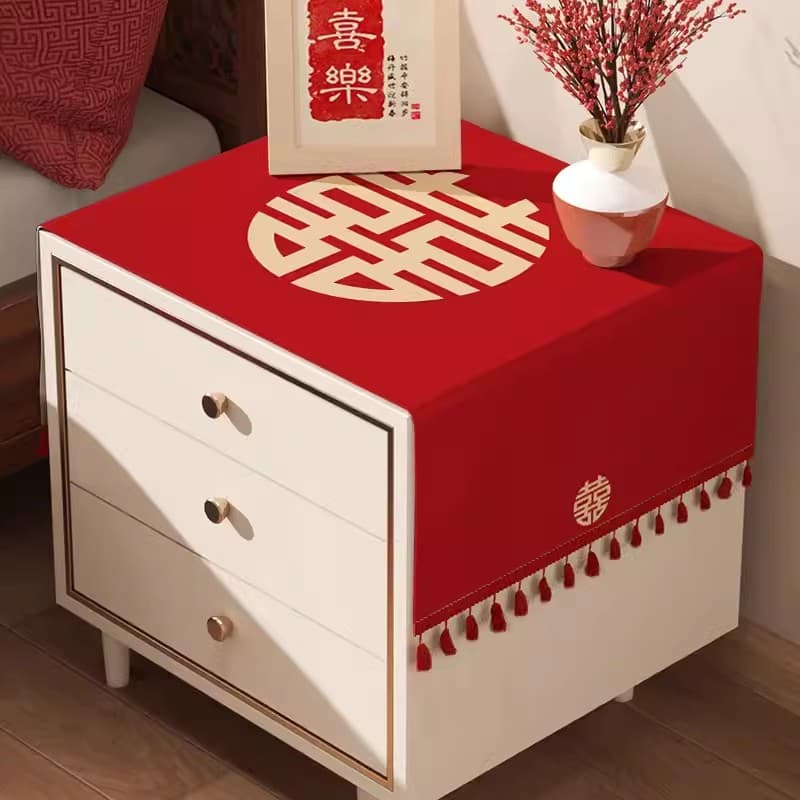 Red wedding bedside table cover, festive wedding room table decoration cover, celebratory table dust cover, tablecloth