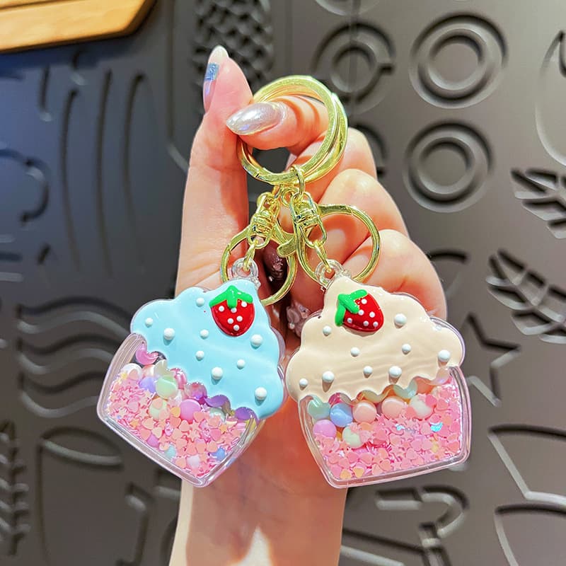 Oiled strawberry ice cream cup pendant cute cartoon bubble beads quicksand bottle keychain girls bag pendant gift
