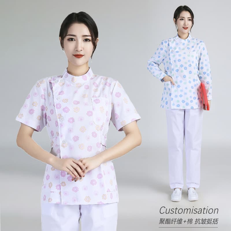 Floral Two-Piece Nurse Uniform with Asymmetric Collar, Long Sleeve, Fitted Short Sleeve Style for Pediatric, Maternity, Beauty Therapist, and Female Doctors