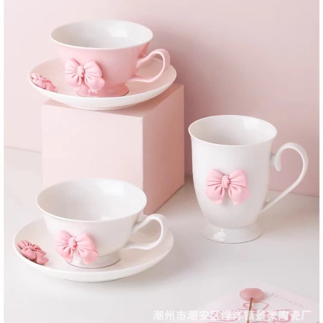 High-looking ins style cute girly cup and saucer set coffee cup ceramic afternoon tea high-looking bow tie cup