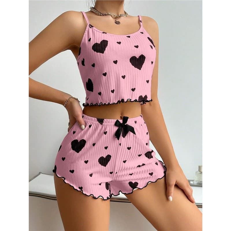 Cross-Border Best Seller Women's Homewear Heart Print Camisole & Shorts Casual Ribbed Lounge Set European and American Style Women's Pajamas