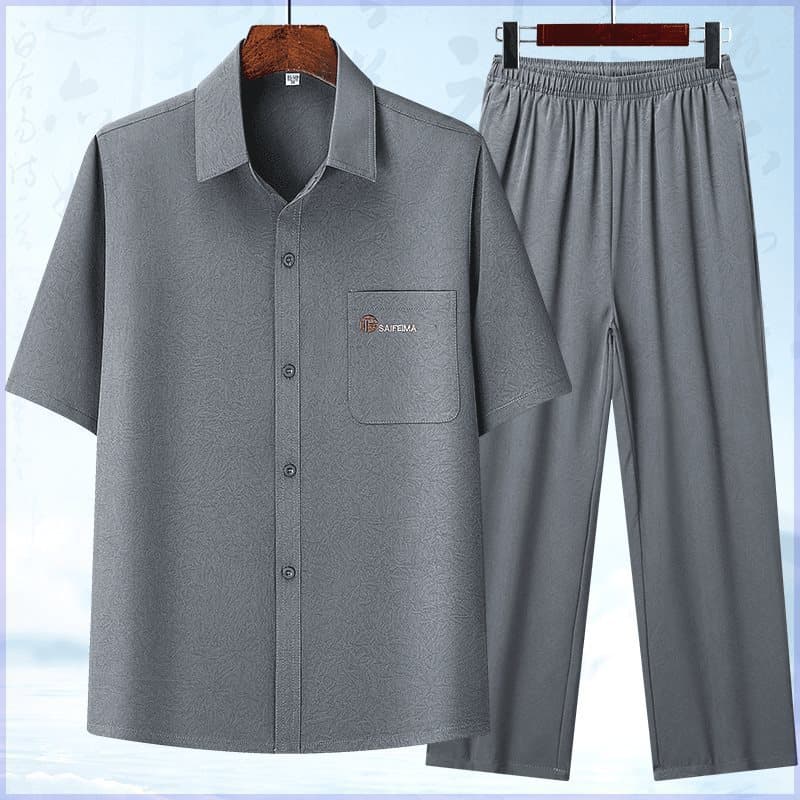 Summer Thin Men's Suit, Short Sleeve Shirt for Middle-aged and Elderly Men, Loose Fit, Father's Summer Two-Piece Set