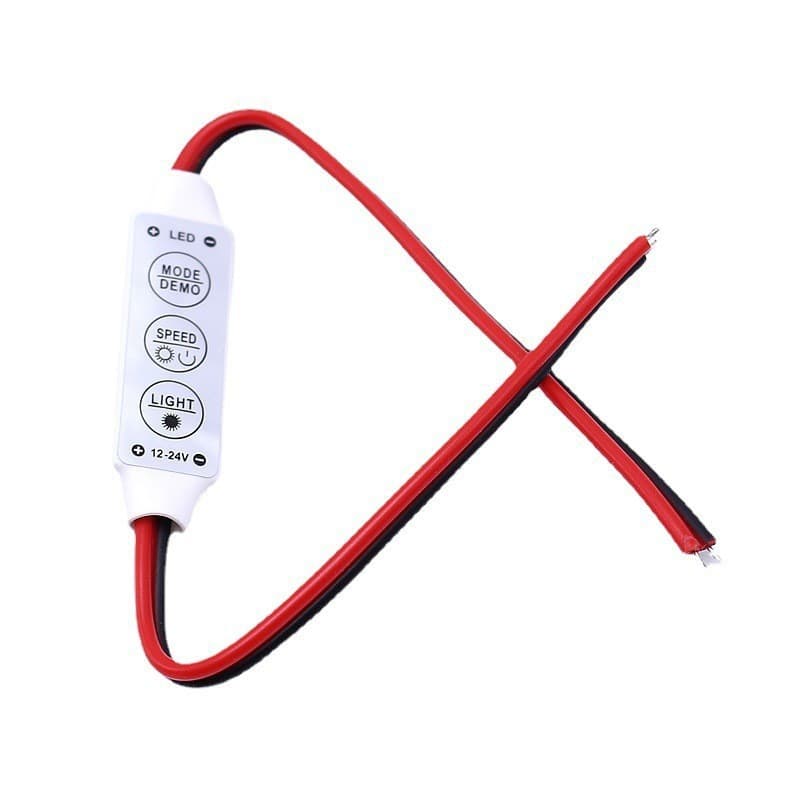 3-key mini monochrome strobe controller for LED strips, ribbons, or strings, manual inline dimmer for 12-24V.
