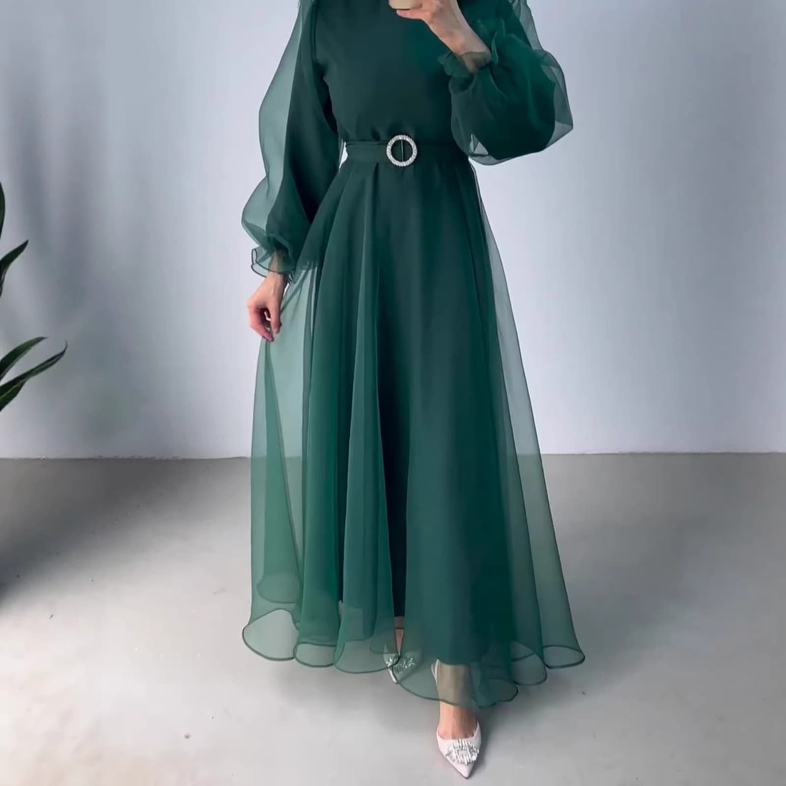 Spring New Elegant 2024 Amazon Slim Half Turtle Neck Mesh Women's Year Lantern Sleeve Dress European Station