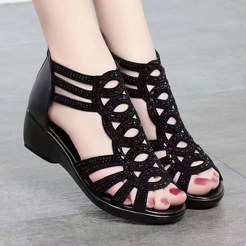 Women's Soft Sole Fashion Sandals, Wedge Heel, Soft Leather Roman Sandals for Middle-Aged Women, Summer