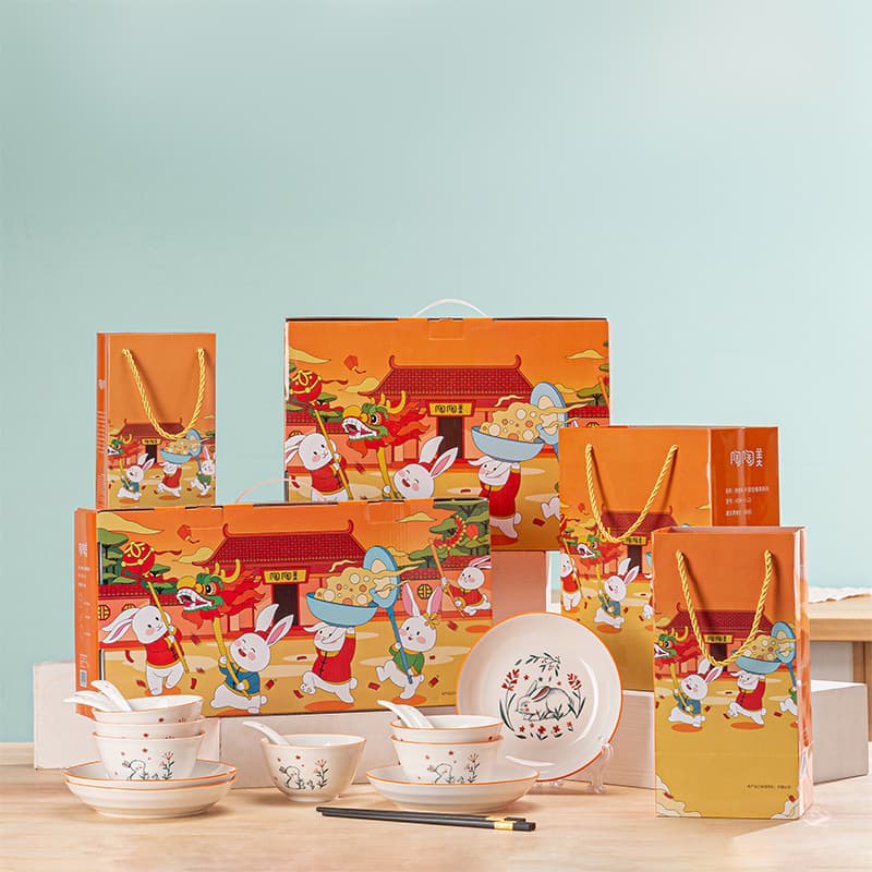 Maca Rabbit Bowl Dinnerware Gift Set, Practical Ceramic Bowls and Plates, Promotional Gift, Opening Ceremony Gift, Wholesale Ceramic Bowl and Chopstick Set