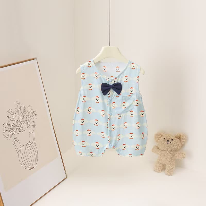 Baby Summer Cartoon Puppy Print Jumpsuit Stand Collar Tie Thin Air Conditioning Clothing Baby Short Sleeve Covered Clothes