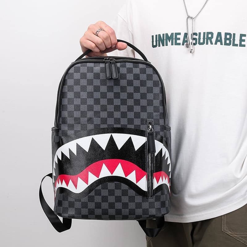Men's Unique Fashion Plaid Shark Backpack Student Schoolbag Large Capacity Street Backpack Travel Bag Wholesale