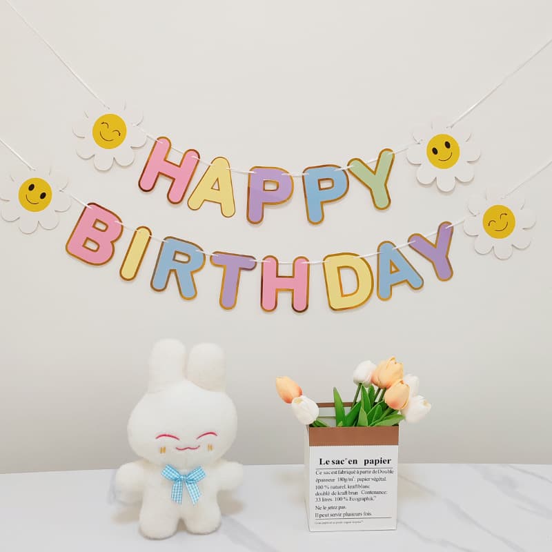 Macaron Daisy Banner with Birthday Letters and Smiley Faces for Kids' First Birthday Party Decoration