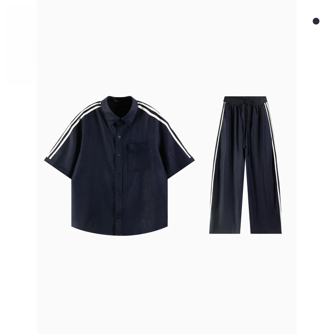 New Summer American Style Thin Striped Men's Casual Versatile Simple Trendy Short Sleeve Shirt and Long Pants Set
