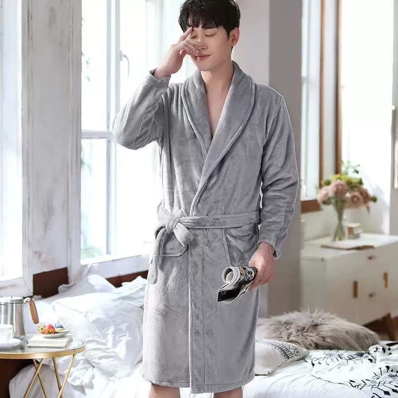 Winter Bathrobe for Men, Flannel Terry Cloth Robe, Coral Fleece Long Sleeve Plus Size, Thickened Long Homewear Bathrobe