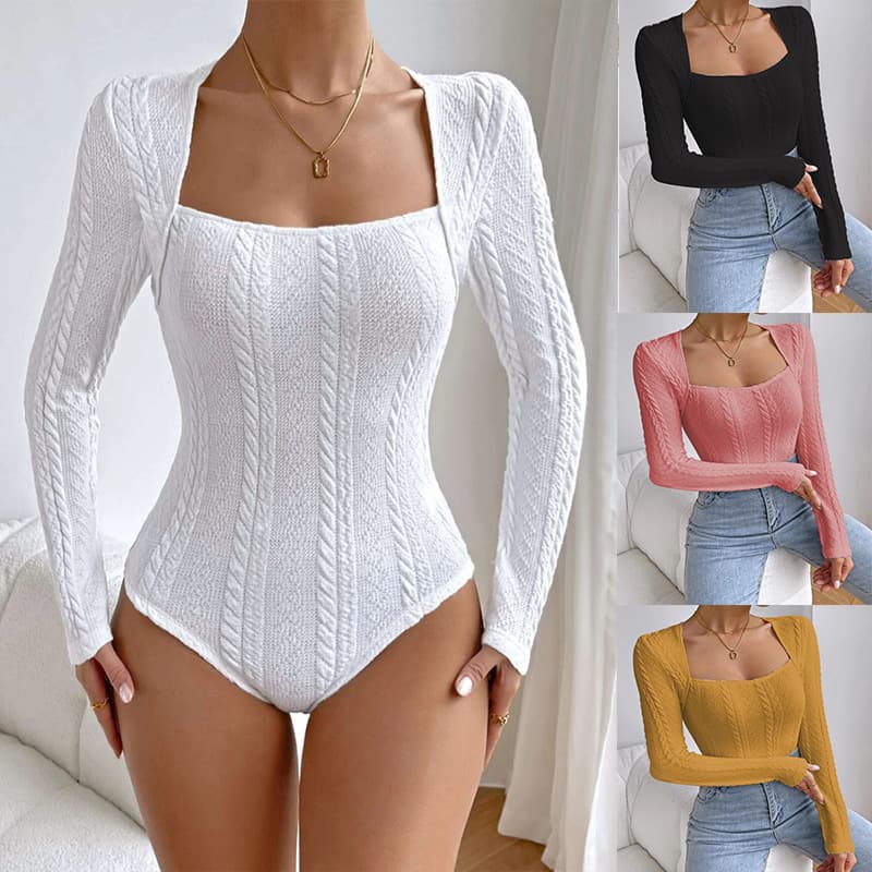 Elegant Long Sleeve Slim Fit Bodysuit Base Layer Shirt Street Style Polyester Spandex Knitted Sweater for Autumn Winter