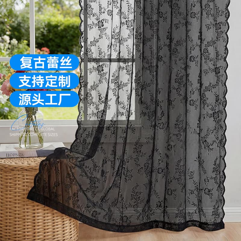 American Country Style Black Lace Curtain, Ready Stock for Export, Sheer Curtain Lace Panel