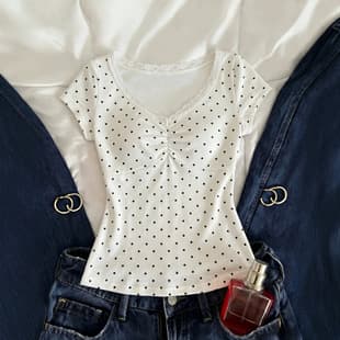 Amazon EU and US Summer New Elegant V-Neck Polka Dot Top Fashion White Lace Patch Short Sleeve T-Shirt