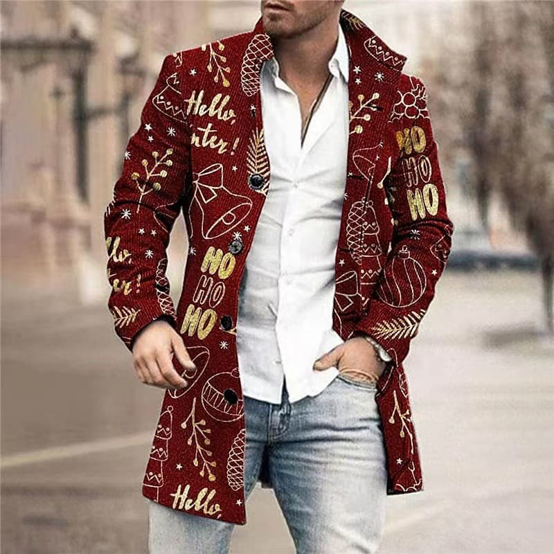 2024 European and American Foreign Trade Cross-border Men's Coat, Autumn/Winter New Style Wool Stand Collar Mid-Long Printed Casual Coat