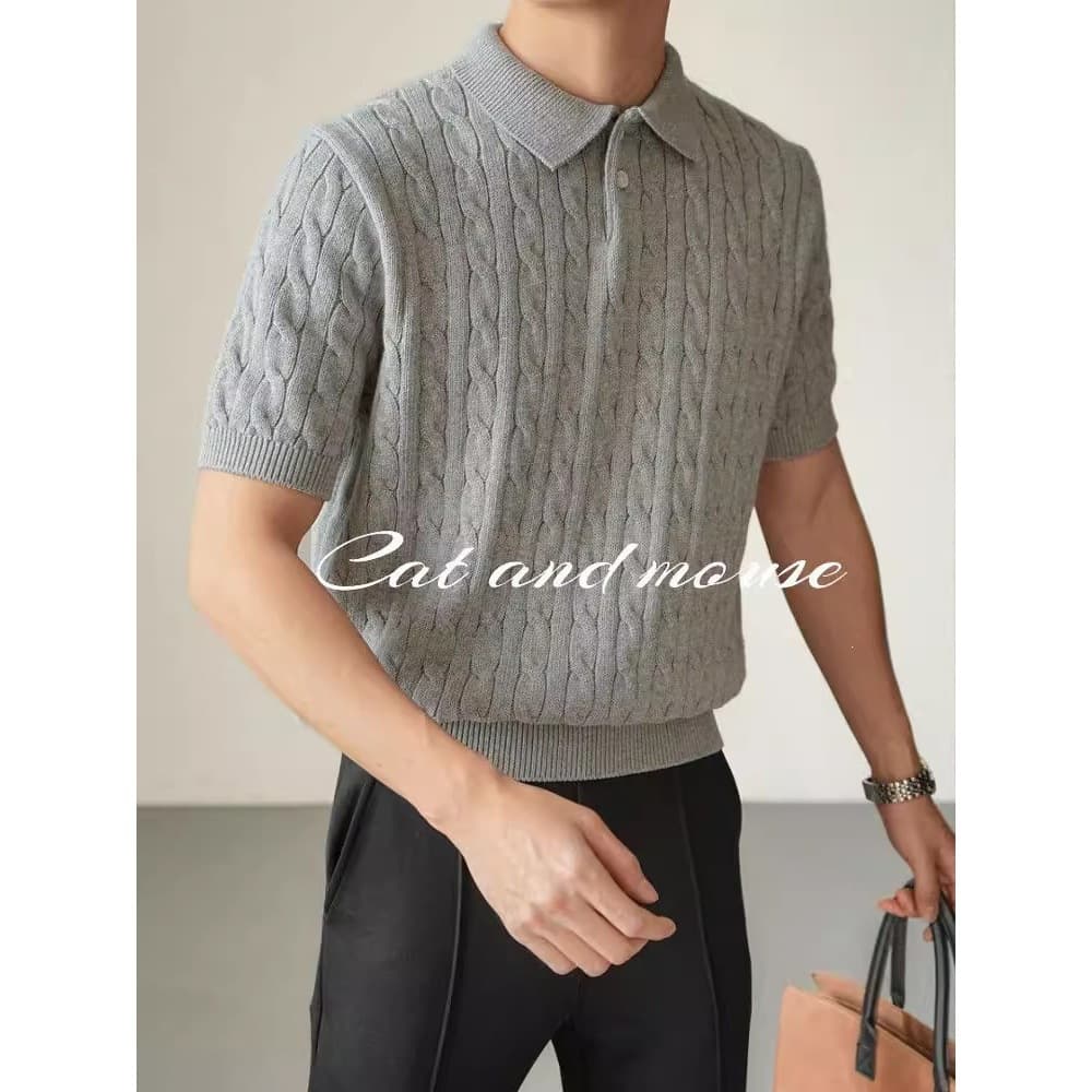 Cross-border trade twisted knit short-sleeve polo shirt for men, old money style, slim fit, lapel sweater, trendy T-shirt