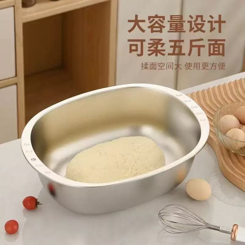 Specialized dough kneading bowls, thickened stainless steel household egg-shaped bowls for dough rising, vegetable washing, cooking, and perforated vegetable rinsing.