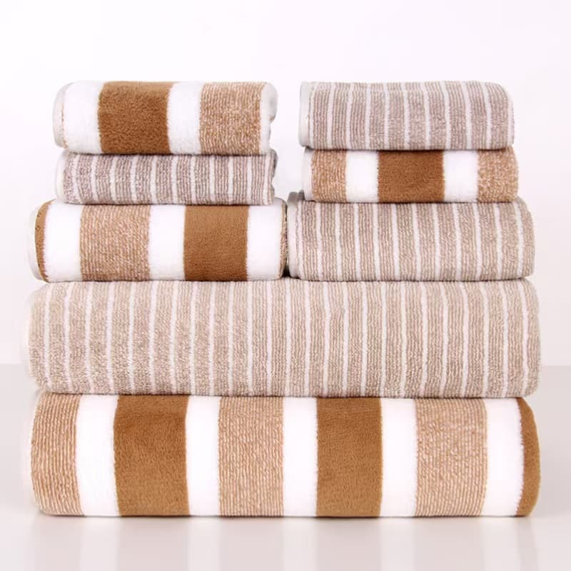 8-piece set cross-border coral fleece wide stripe towel set, face towel and bath towel, absorbent stripe adult face towel drop shipping.