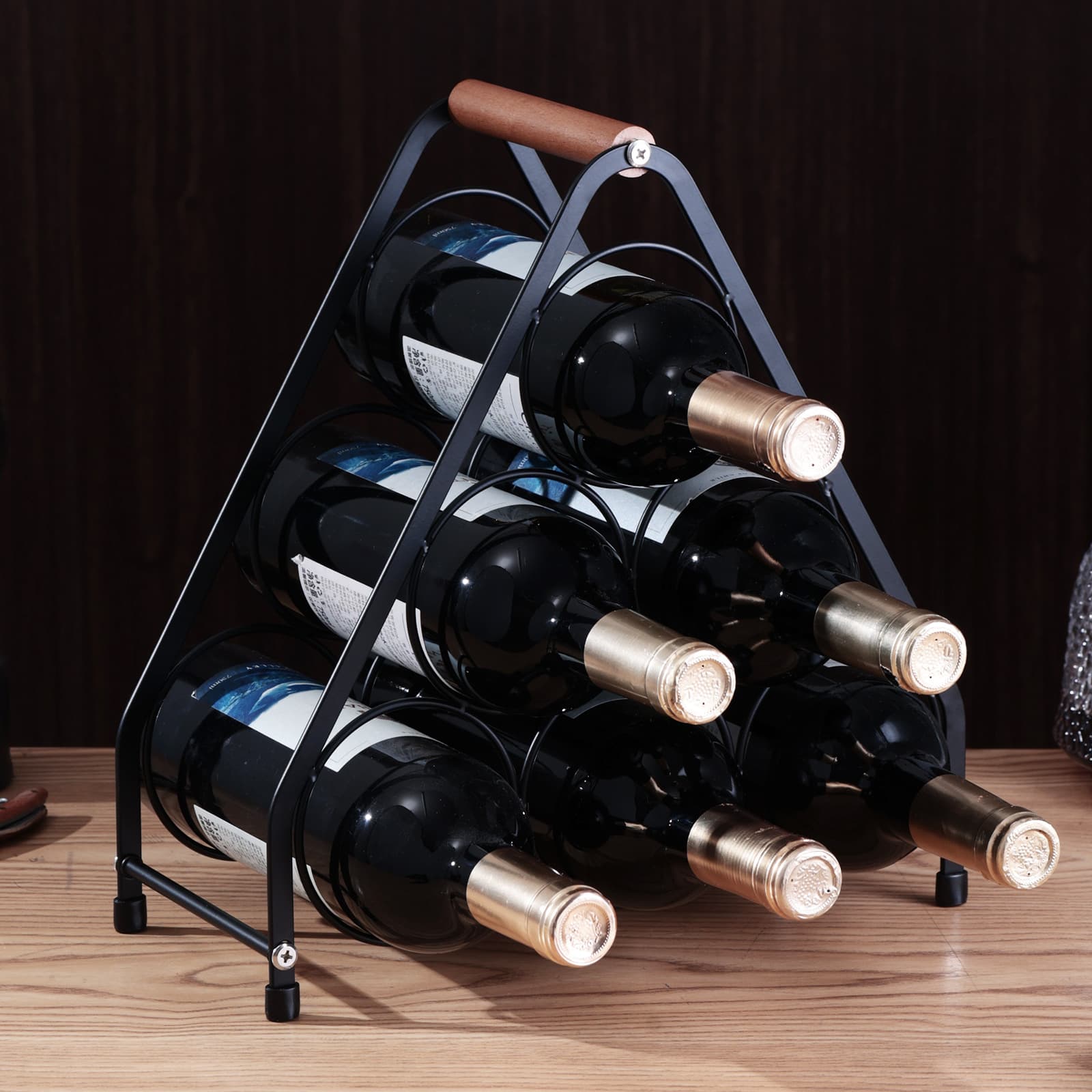 Cross-border Six-Bottle Wine Rack European-style Wooden Handle Portable Bottle Holder Tabletop Wine Cabinet Ornament Red Wine Display Stand