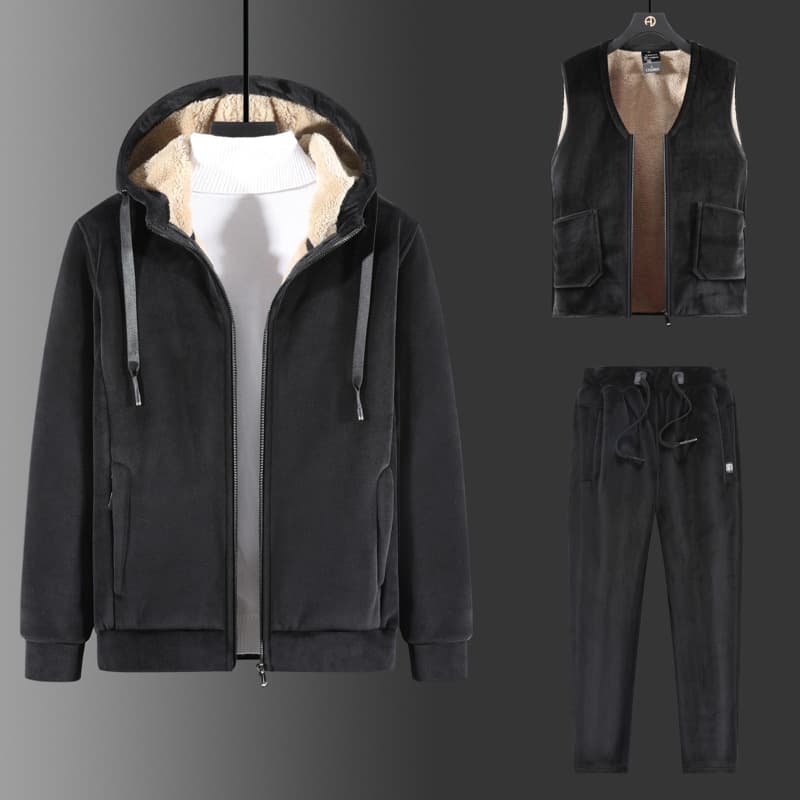 Cross-Border New Autumn and Winter Casual Hooded Three-Piece Set Silver Fox Fleece Lamb Fleece Lined Thickened Mid-Age and Elderly Plus Size