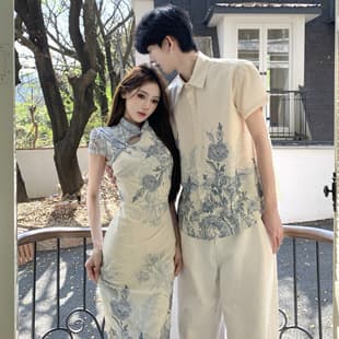 New Chinese Style Couple Outfit Summer National Elegant Blue Cheongsam Blue and White Porcelain Print Slimming Dress