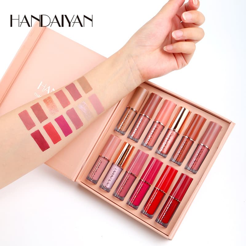 Cross-border lip glaze lip gloss pearlescent fine glitter 12 colors HANDAIYAN waterproof non-stick cup matte ready-made lip glaze