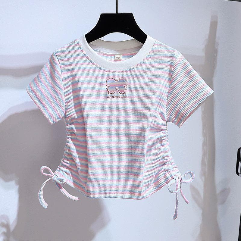 Girls Short Sleeve T-Shirt Summer New Children's Trendy Streetwear T-Shirt Thin Stylish Medium and Large Kids Striped Cropped Top