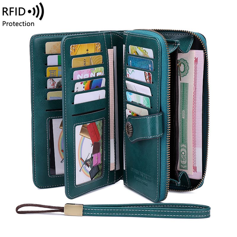 2024 New Anti-Theft Vintage Tri-Fold Women's Wallet Long RFID Handheld Cash Clip Card Holder European And American Style