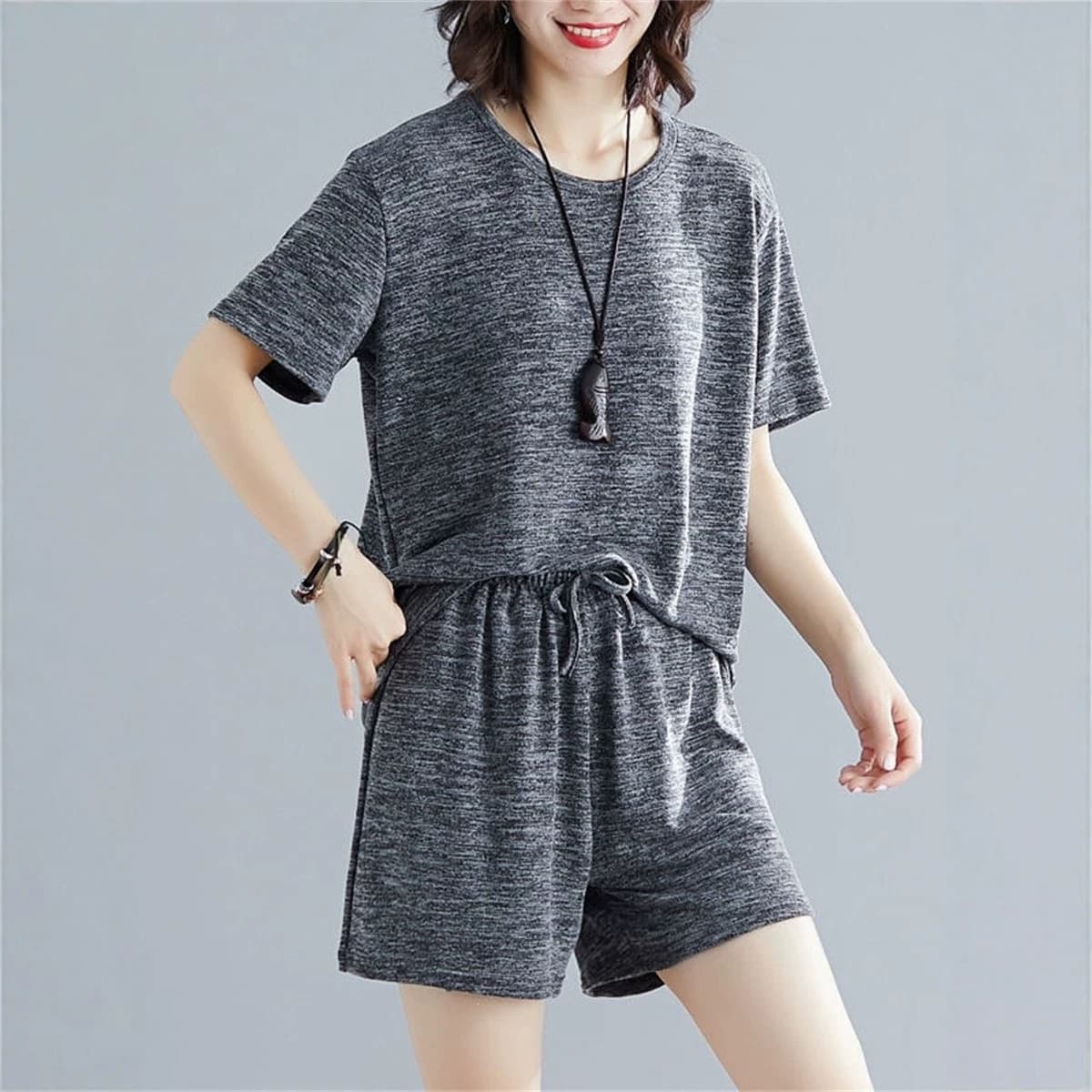 Plus Size Women's Fashion Casual Sport Set Summer Chubby Girl Loose Slimming Short Sleeve Shorts Running Suit Two-Piece Set