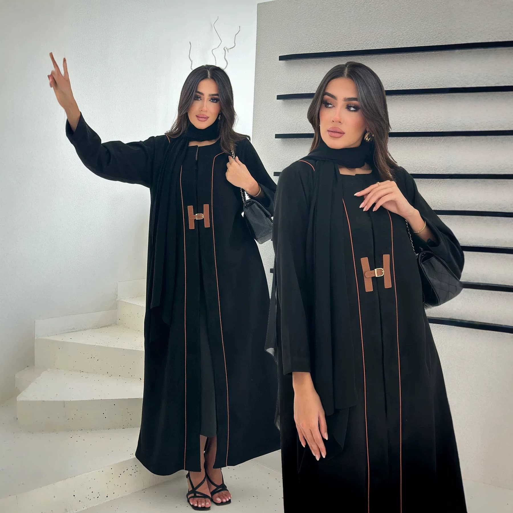 Cross-border E-commerce Amazon Ethnic Women's Cardigan with Belt Decoration Black Dress
