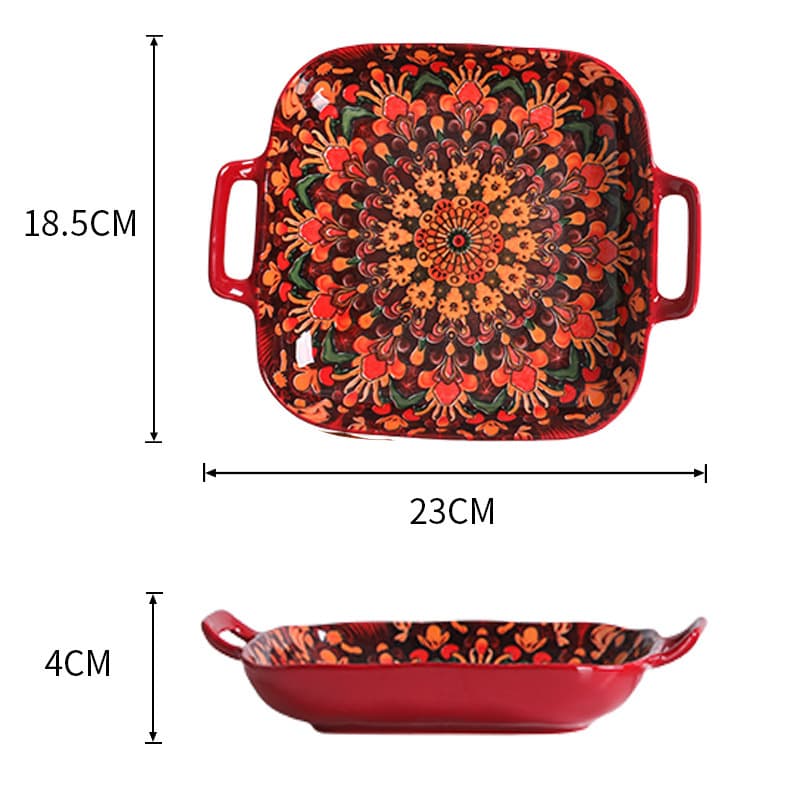 Cross-border Bohemian Ceramic Tableware Creative Home Underglaze Color Rice Bowl Soup Bowl Handled Plate Baking Pan Tableware Set