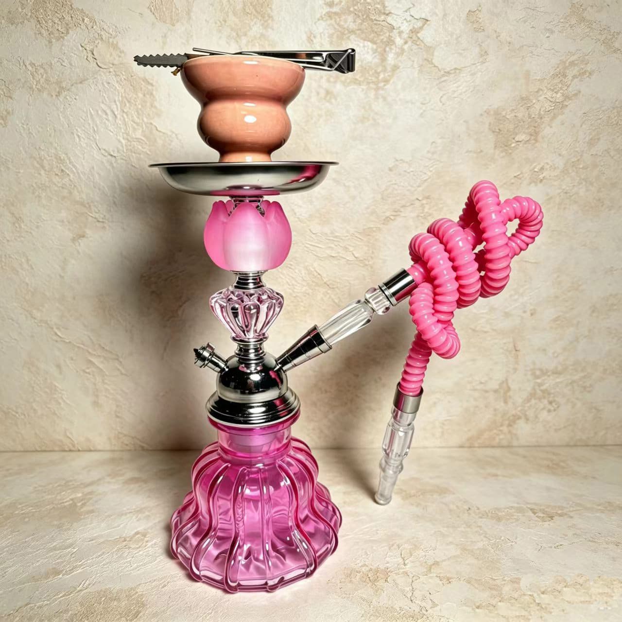 Cross-border New Arrival In Stock Single-Tube Pink Flower Hookah Glass Accessory Arabic Hookah Water Pipe