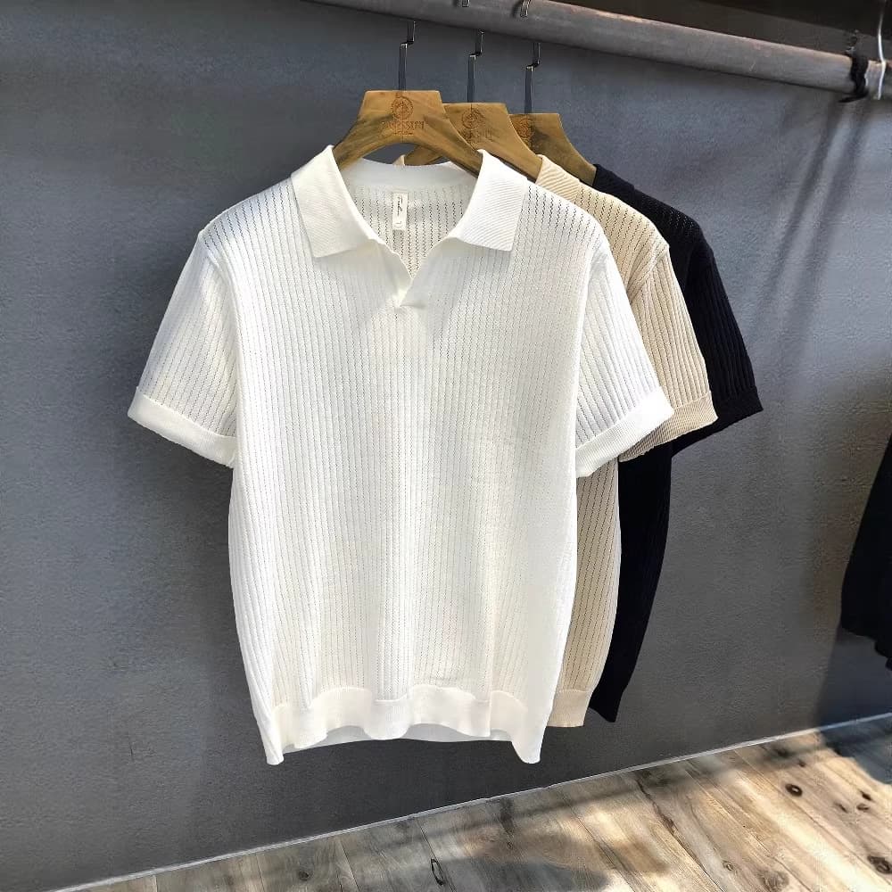 Ivory White Comfortable Ice Silk Hollow Pattern Knitted Short-Sleeve Polo Shirt for Men 2026 Summer Turn-Down Collar T-Shirt