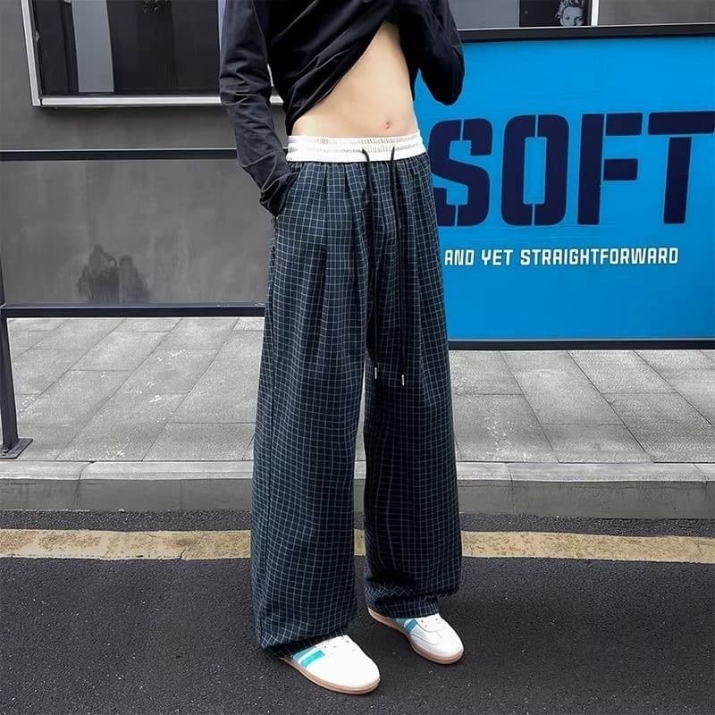 Summer treasure plaid pants loose wide-leg casual pants men and women elastic waist drawstring straight walking pants trousers